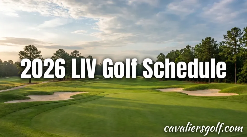 Golf field background, Title text on the image: "2026 LIV Golf Schedule" In righ lower corner, image signed with text "cavaliersgolf.com"