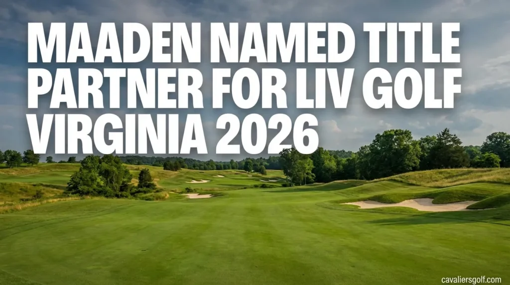 Golf field background, Title text on the image: "Maaden Named Title Partner for LIV Golf Virginia 2026" In righ lower corner, image signed with text "cavaliersgolf.com"