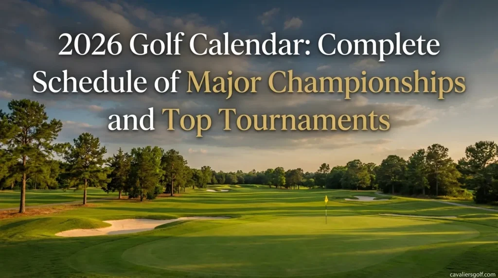 Golf field background, Title text on the image: "2026 Golf Calendar: Complete Schedule of Major Championships and Top Tournaments" 
In righ lower corner image signed with text "cavaliersgolf.com"